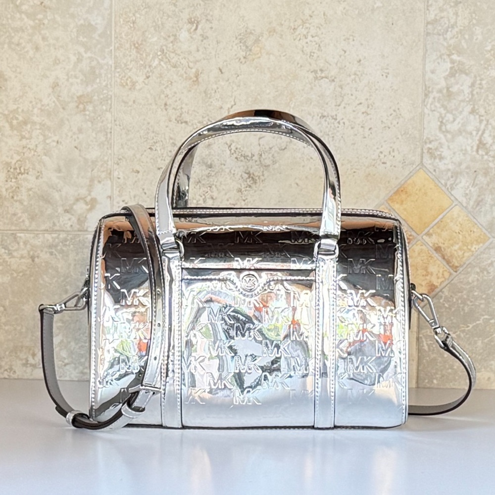 Michael Kors Travel MD Mirror Metallic Shoulder Duffle Bag MK Silver - Picture 3 of 13